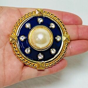 Signed SMB Sandra Miller Burrows Brooch Scarf Pin Navy Blue Gold Tone Nautical‎